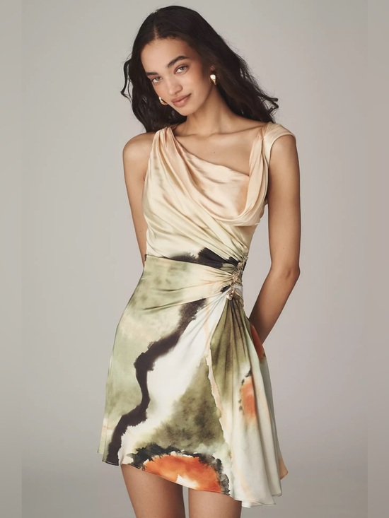 AMUR Dresses & Skirts - Satin Draped Tie-Detail Mini Dress in Peach-Green Watercolor